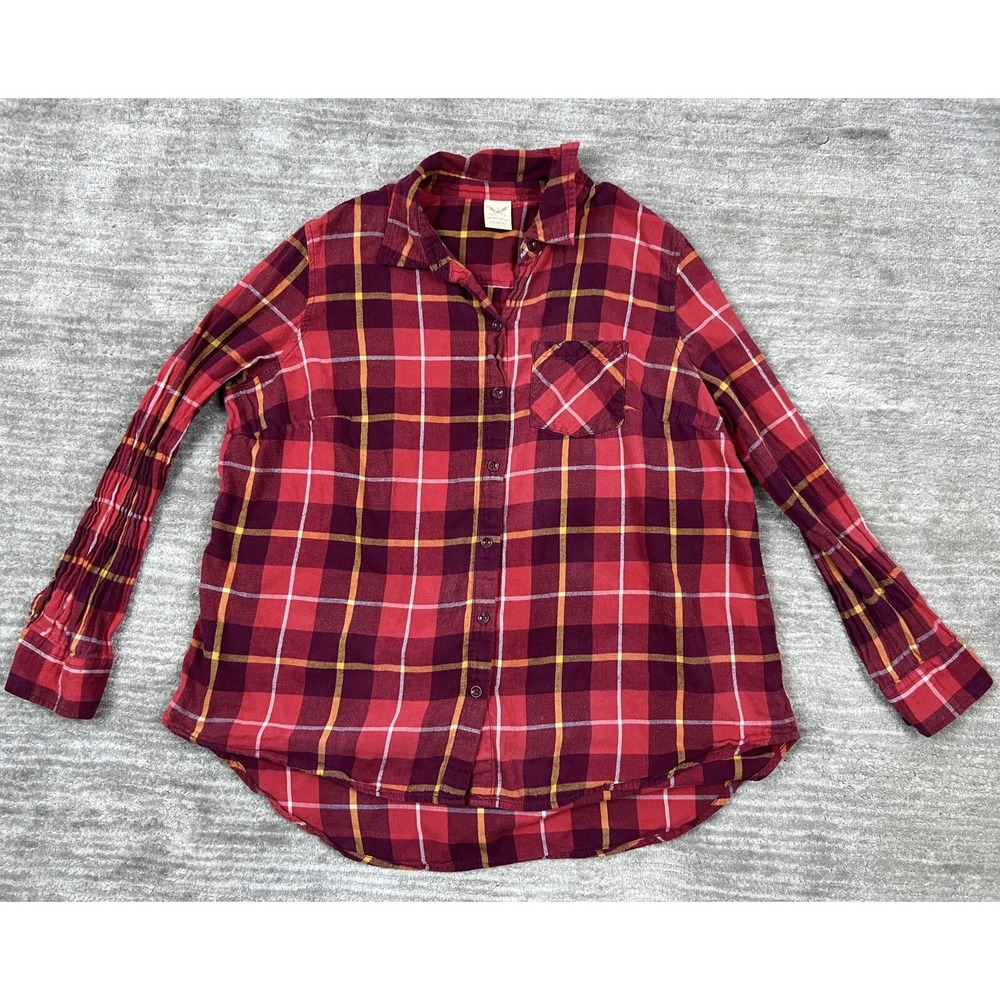Faded Glory Flannel Shirt Womens XL Red Plaid Button Up Long Sleeve High Low Hem
